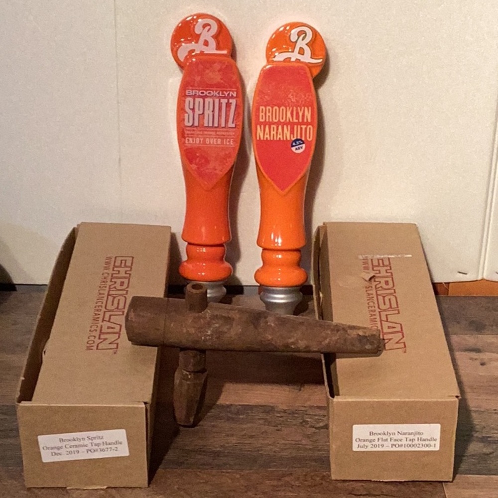 Two Brooklyn bar taps new in box and one wooden antique or vintage barrel tap